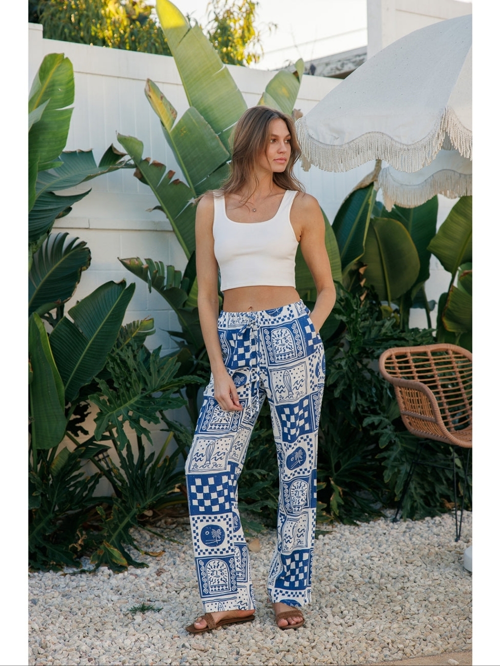 Blue & White Printed Linen Pull On Pants - Blue Bandana Geo Sardines Fish